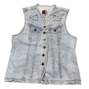 VTG Sunbelt Denim Safari Zebra Embroidered Denim Vest Sz L Cotton Button Down